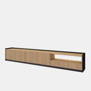 Móvel de TV, Muito espaço de arrumação, 310x37x50cm, Para televisores até 80, Led, Estilo moderno, Carvalho e preto