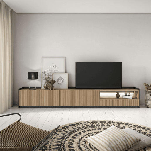 Móvel de TV, Muito espaço de arrumação, 310x37x50cm, Para televisores até 80, Led, Estilo moderno, Carvalho e preto Móvel de TV, Muito espaço de arrumação, 310x37x50cm, Para televisores até 80, Led, Estilo moderno, Carvalho e preto