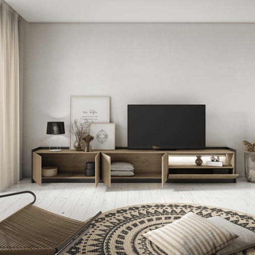 Móvel de TV, Muito espaço de arrumação, 310x37x50cm, Para televisores até 80, Led, Estilo moderno, Carvalho e preto Móvel de TV, Muito espaço de arrumação, 310x37x50cm, Para televisores até 80, Led, Estilo moderno, Carvalho e preto