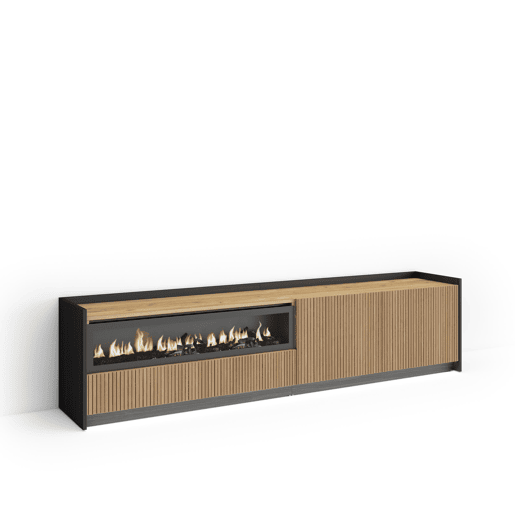 Móvel de TV, Muito espaço de arrumação, 207x37x50cm, Para televisores até 80, Lareira eléctrica, Led, Estilo moderno, Carvalho e preto