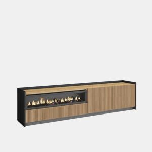Móvel de TV, Muito espaço de arrumação, 207x37x50cm, Para televisores até 80, Lareira eléctrica, Led, Estilo moderno, Carvalho e preto