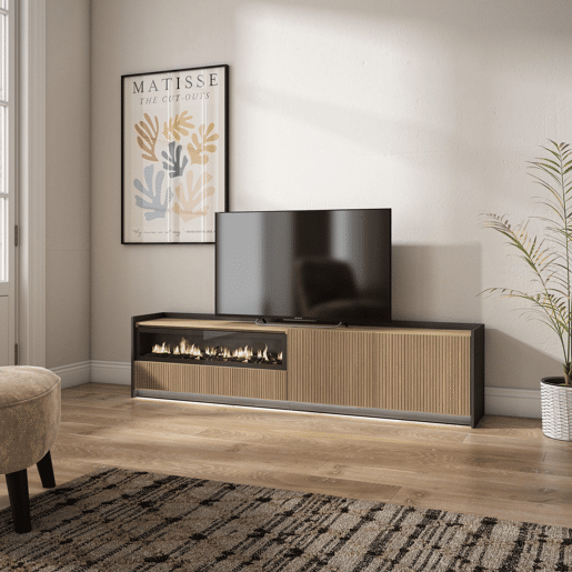 Móvel de TV, Muito espaço de arrumação, 207x37x50cm, Para televisores até 80, Lareira eléctrica, Led, Estilo moderno, Carvalho e preto