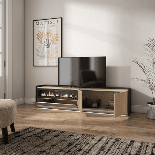 Móvel de TV, Muito espaço de arrumação, 207x37x50cm, Para televisores até 80, Lareira eléctrica, Led, Estilo moderno, Carvalho e preto