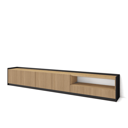 Móvel de TV, Muito espaço de arrumação, 310x37x50cm, Para televisores até 80, Estante para TV, Estilo moderno, Carvalho e preto Móvel de TV, Muito espaço de arrumação, 310x37x50cm, Para televisores até 80, Estante para TV, Estilo moderno, Carvalho e preto