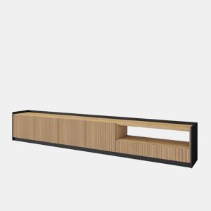 Móvel de TV, Muito espaço de arrumação, 310x37x50cm, Para televisores até 80, Estante para TV, Estilo moderno, Carvalho e preto