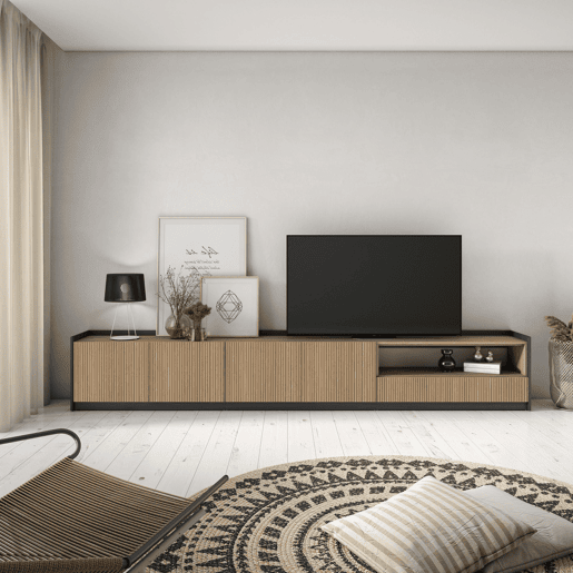 Móvel de TV, Muito espaço de arrumação, 310x37x50cm, Para televisores até 80, Estante para TV, Estilo moderno, Carvalho e preto Móvel de TV, Muito espaço de arrumação, 310x37x50cm, Para televisores até 80, Estante para TV, Estilo moderno, Carvalho e preto