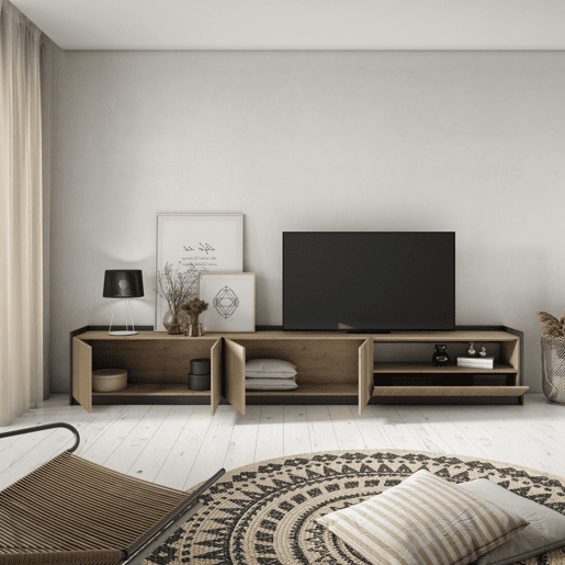 Móvel de TV, Muito espaço de arrumação, 310x37x50cm, Para televisores até 80, Estante para TV, Estilo moderno, Carvalho e preto Móvel de TV, Muito espaço de arrumação, 310x37x50cm, Para televisores até 80, Estante para TV, Estilo moderno, Carvalho e preto