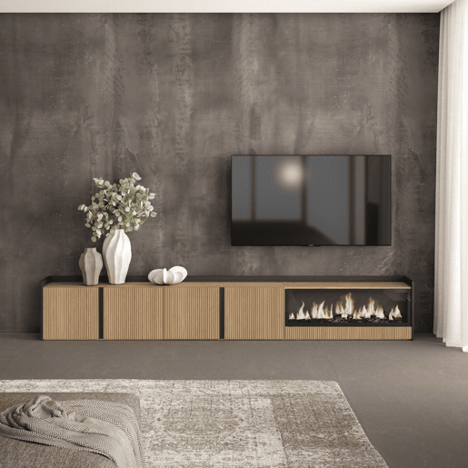 Móvel de TV, Muito espaço de arrumação, 315x35x50cm, Para televisores até 80, Lareira eléctrica XXL, Estilo moderno, Carvalho e preto