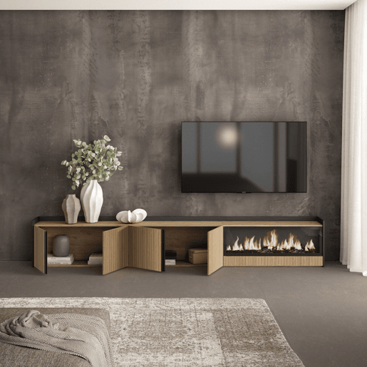 Móvel de TV, Muito espaço de arrumação, 315x35x50cm, Para televisores até 80, Lareira eléctrica XXL, Estilo moderno, Carvalho e preto