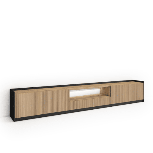 Móvel de TV, Muito espaço de arrumação, 310x37x50cm, Para televisores até 80, Led, Estilo moderno, Carvalho e preto Móvel de TV, Muito espaço de arrumação, 310x37x50cm, Para televisores até 80, Led, Estilo moderno, Carvalho e preto
