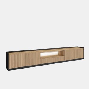 Móvel de TV, Muito espaço de arrumação, 310x37x50cm, Para televisores até 80, Led, Estilo moderno, Carvalho e preto