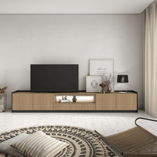 Móvel de TV, Muito espaço de arrumação, 310x37x50cm, Para televisores até 80, Led, Estilo moderno, Carvalho e preto Móvel de TV, Muito espaço de arrumação, 310x37x50cm, Para televisores até 80, Led, Estilo moderno, Carvalho e preto