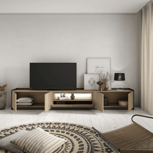 Móvel de TV, Muito espaço de arrumação, 310x37x50cm, Para televisores até 80, Led, Estilo moderno, Carvalho e preto Móvel de TV, Muito espaço de arrumação, 310x37x50cm, Para televisores até 80, Led, Estilo moderno, Carvalho e preto
