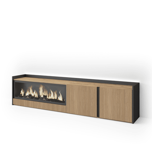 Móvel de TV, Muito espaço de arrumação, 212x35x50cm, Para televisores até 80, Lareira eléctrica XXL, Led, Estilo moderno, Carvalho e preto