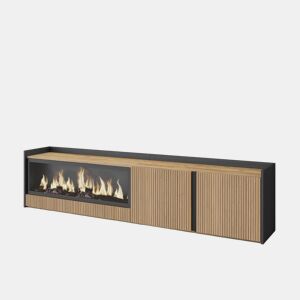 Móvel de TV, Muito espaço de arrumação, 212x35x50cm, Para televisores até 80, Lareira eléctrica XXL, Led, Estilo moderno, Carvalho e preto