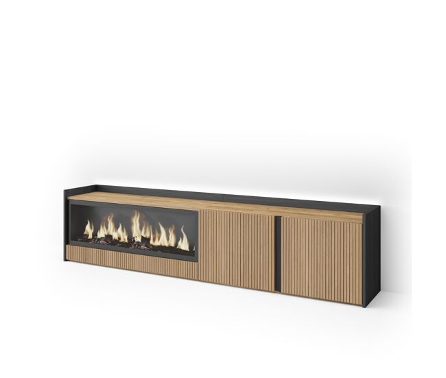 Mueble tv, televisión, muebles de salón, almacenaje, 212x35x50cm, para tv hasta 80", chimenea eléctrica xxl, led, estilo moderno, roble y negro