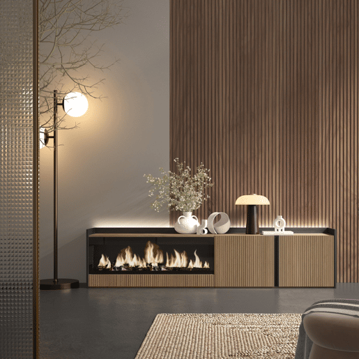Móvel de TV, Muito espaço de arrumação, 212x35x50cm, Para televisores até 80, Lareira eléctrica XXL, Led, Estilo moderno, Carvalho e preto