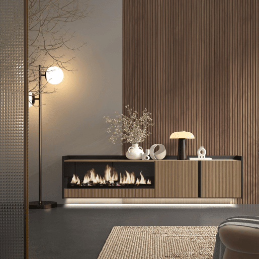 Móvel de TV, Muito espaço de arrumação, 212x35x50cm, Para televisores até 80, Lareira eléctrica XXL, Suspensos, Led, Estilo moderno, Carvalho e preto