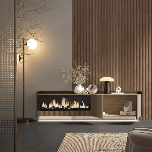 Móvel de TV, Muito espaço de arrumação, 212x35x50cm, Para televisores até 80, Lareira eléctrica XXL, Suspensos, Led, Estilo moderno, Carvalho e preto