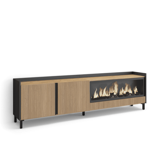Móvel de TV, Muito espaço de arrumação, 212x35x61cm, Para televisores até 80, Lareira eléctrica XXL, Design industrial, Estilo moderno, Carvalho e preto Móvel de TV, Muito espaço de arrumação, 212x35x61cm, Para televisores até 80, Lareira eléctrica XXL, Design industrial, Estilo moderno, Carvalho e preto