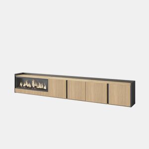 Móvel de TV, Muito espaço de arrumação, 315x35x50cm, Para televisores até 80, Lareira eléctrica XXL, Led, Estilo moderno, Carvalho e preto