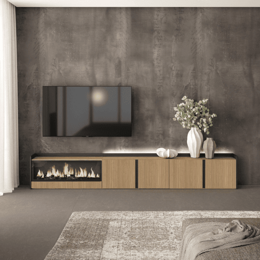 Móvel de TV, Muito espaço de arrumação, 315x35x50cm, Para televisores até 80, Lareira eléctrica XXL, Led, Estilo moderno, Carvalho e preto