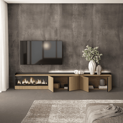 Móvel de TV, Muito espaço de arrumação, 315x35x50cm, Para televisores até 80, Lareira eléctrica XXL, Led, Estilo moderno, Carvalho e preto