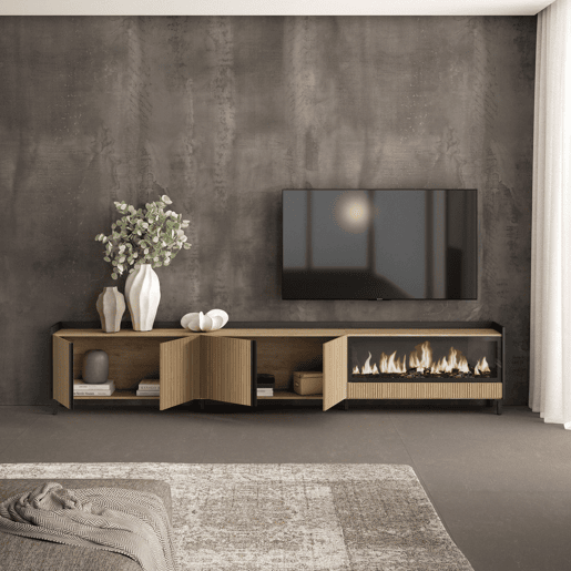 Móvel de TV, Muito espaço de arrumação, 315x35x61cm, Para televisores até 80, Lareira eléctrica XXL, Design industrial, Estilo moderno, Carvalho e preto Móvel de TV, Muito espaço de arrumação, 315x35x61cm, Para televisores até 80, Lareira eléctrica XXL, Design industrial, Estilo moderno, Carvalho e preto