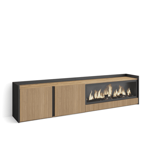 Móvel de TV, Muito espaço de arrumação, 212x35x50cm, Para televisores até 80, Lareira eléctrica XXL, Estilo moderno, Carvalho e preto