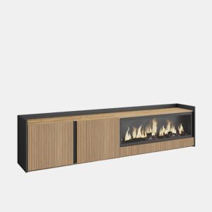 Móvel de TV, Muito espaço de arrumação, 212x35x50cm, Para televisores até 80, Lareira eléctrica XXL, Estilo moderno, Carvalho e preto