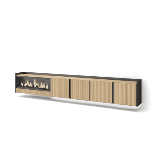 Móvel de TV, Muito espaço de arrumação, 315x35x50cm, Para televisores até 80, Lareira eléctrica XXL, Suspensos, Led, Estilo moderno, Carvalho e preto Móvel de TV, Muito espaço de arrumação, 315x35x50cm, Para televisores até 80, Lareira eléctrica XXL, Suspensos, Led, Estilo moderno, Carvalho e preto