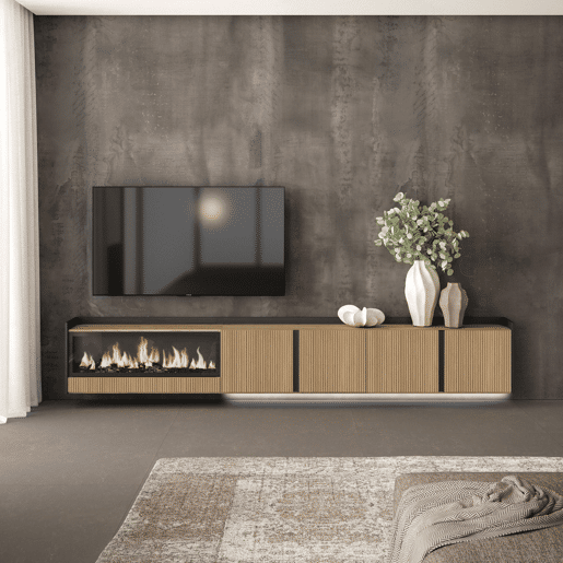 Móvel de TV, Muito espaço de arrumação, 315x35x50cm, Para televisores até 80, Lareira eléctrica XXL, Suspensos, Led, Estilo moderno, Carvalho e preto Móvel de TV, Muito espaço de arrumação, 315x35x50cm, Para televisores até 80, Lareira eléctrica XXL, Suspensos, Led, Estilo moderno, Carvalho e preto