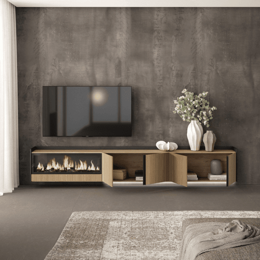 Móvel de TV, Muito espaço de arrumação, 315x35x50cm, Para televisores até 80, Lareira eléctrica XXL, Suspensos, Led, Estilo moderno, Carvalho e preto Móvel de TV, Muito espaço de arrumação, 315x35x50cm, Para televisores até 80, Lareira eléctrica XXL, Suspensos, Led, Estilo moderno, Carvalho e preto