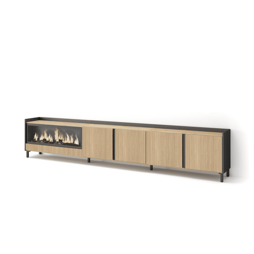 Móvel de TV, Muito espaço de arrumação, 315x35x61cm, Para televisores até 80, Lareira eléctrica XXL, Design industrial, Estilo moderno, Carvalho e preto