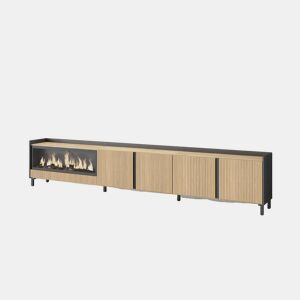 Móvel de TV, Muito espaço de arrumação, 315x35x61cm, Para televisores até 80, Lareira eléctrica XXL, Design industrial, Estilo moderno, Carvalho e preto