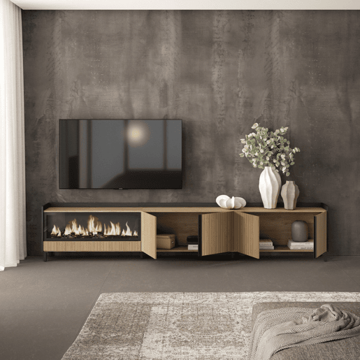 Móvel de TV, Muito espaço de arrumação, 315x35x61cm, Para televisores até 80, Lareira eléctrica XXL, Design industrial, Estilo moderno, Carvalho e preto