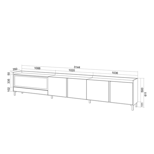 Móvel de TV, Muito espaço de arrumação, 315x35x61cm, Para televisores até 80, Lareira eléctrica XXL, Design industrial, Estilo moderno, Carvalho e preto