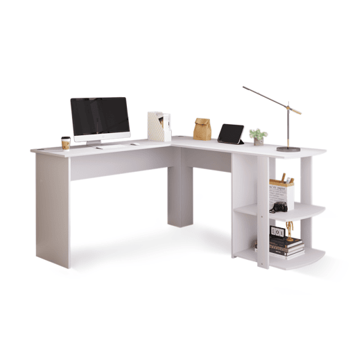 MEUBLES COSY Secretária de Canto em L Mesa de Computador com Estante Lateral de 2 Níveis para Escritório Estudo e Home Office 140x140cm Cor Branco MEUBLES COSY Secretária de Canto em L Mesa de Computador com Estante Lateral de 2 Níveis para Escritório Estudo e Home Office 140x140cm Cor Branco