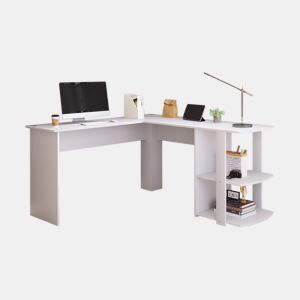 MEUBLES COSY Secretária de Canto em L Mesa de Computador com Estante Lateral de 2 Níveis para Escritório Estudo e Home Office 140x140cm Cor Branco