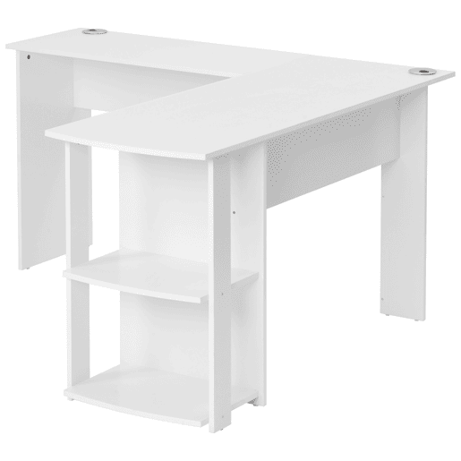 MEUBLES COSY Secretária de Canto em L Mesa de Computador com Estante Lateral de 2 Níveis para Escritório Estudo e Home Office 140x140cm Cor Branco MEUBLES COSY Secretária de Canto em L Mesa de Computador com Estante Lateral de 2 Níveis para Escritório Estudo e Home Office 140x140cm Cor Branco