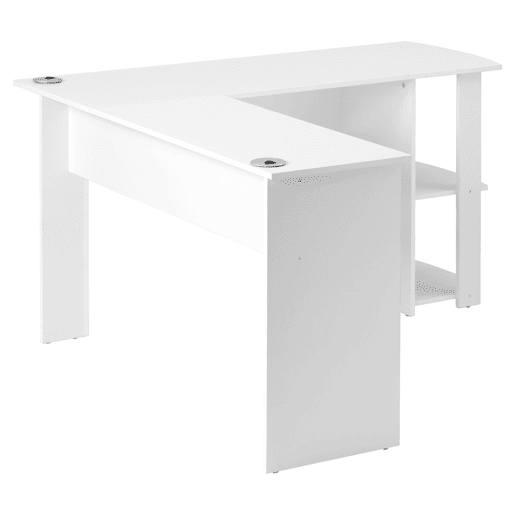 MEUBLES COSY Secretária de Canto em L Mesa de Computador com Estante Lateral de 2 Níveis para Escritório Estudo e Home Office 140x140cm Cor Branco MEUBLES COSY Secretária de Canto em L Mesa de Computador com Estante Lateral de 2 Níveis para Escritório Estudo e Home Office 140x140cm Cor Branco