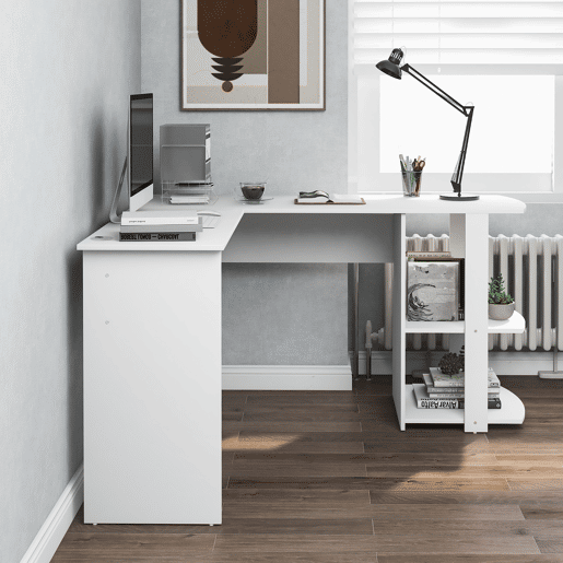 MEUBLES COSY Secretária de Canto em L Mesa de Computador com Estante Lateral de 2 Níveis para Escritório Estudo e Home Office 140x140cm Cor Branco MEUBLES COSY Secretária de Canto em L Mesa de Computador com Estante Lateral de 2 Níveis para Escritório Estudo e Home Office 140x140cm Cor Branco