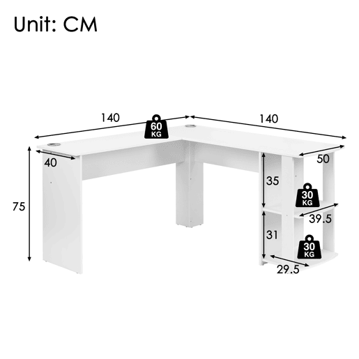 MEUBLES COSY Secretária de Canto em L Mesa de Computador com Estante Lateral de 2 Níveis para Escritório Estudo e Home Office 140x140cm Cor Branco MEUBLES COSY Secretária de Canto em L Mesa de Computador com Estante Lateral de 2 Níveis para Escritório Estudo e Home Office 140x140cm Cor Branco