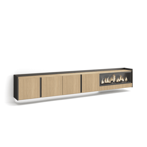 Móvel de TV, Muito espaço de arrumação, 315x35x50cm, Para televisores até 80, Lareira eléctrica XXL, Suspensos, Led, Estilo moderno, Carvalho e preto