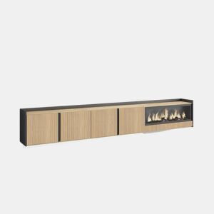 Móvel de TV, Muito espaço de arrumação, 315x35x50cm, Para televisores até 80, Lareira eléctrica XXL, Suspensos, Led, Estilo moderno, Carvalho e preto