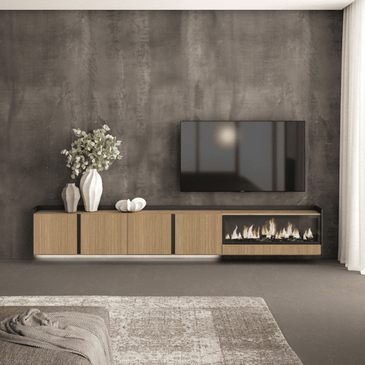 Móvel de TV, Muito espaço de arrumação, 315x35x50cm, Para televisores até 80, Lareira eléctrica XXL, Suspensos, Led, Estilo moderno, Carvalho e preto