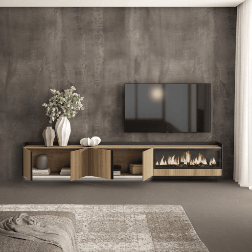 Móvel de TV, Muito espaço de arrumação, 315x35x50cm, Para televisores até 80, Lareira eléctrica XXL, Suspensos, Led, Estilo moderno, Carvalho e preto
