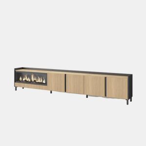 Móvel de TV, Muito espaço de arrumação, 315x35x61cm, Para televisores até 80, Lareira eléctrica XXL, Design industrial, Led, Estilo moderno, Carvalho e preto