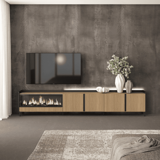Móvel de TV, Muito espaço de arrumação, 315x35x61cm, Para televisores até 80, Lareira eléctrica XXL, Design industrial, Led, Estilo moderno, Carvalho e preto Móvel de TV, Muito espaço de arrumação, 315x35x61cm, Para televisores até 80, Lareira eléctrica XXL, Design industrial, Led, Estilo moderno, Carvalho e preto