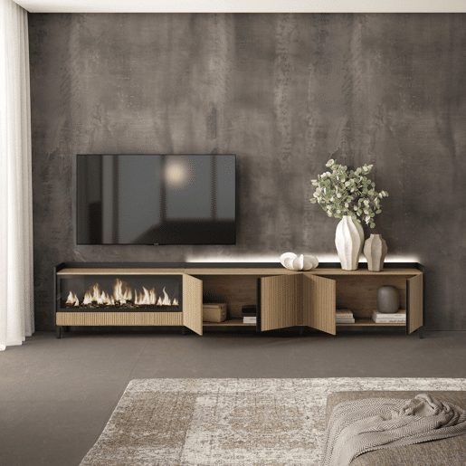 Móvel de TV, Muito espaço de arrumação, 315x35x61cm, Para televisores até 80, Lareira eléctrica XXL, Design industrial, Led, Estilo moderno, Carvalho e preto Móvel de TV, Muito espaço de arrumação, 315x35x61cm, Para televisores até 80, Lareira eléctrica XXL, Design industrial, Led, Estilo moderno, Carvalho e preto
